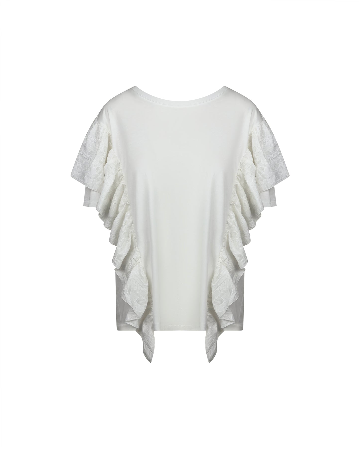 Tricou alb cu volane brodate laterale
