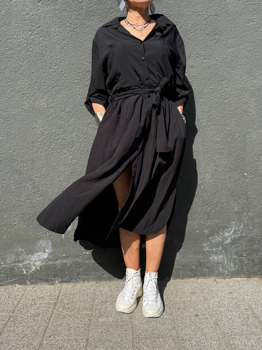 Rochie Cămașă Neagră cu Croială Asimetrică (S-XL)
