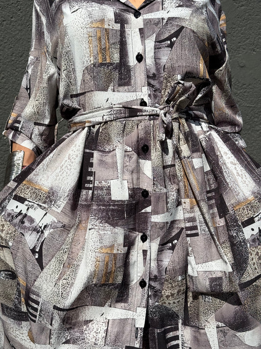 Rochie Cămașă Abstract Geometric cu Lungime Asimetrică (S-XL)