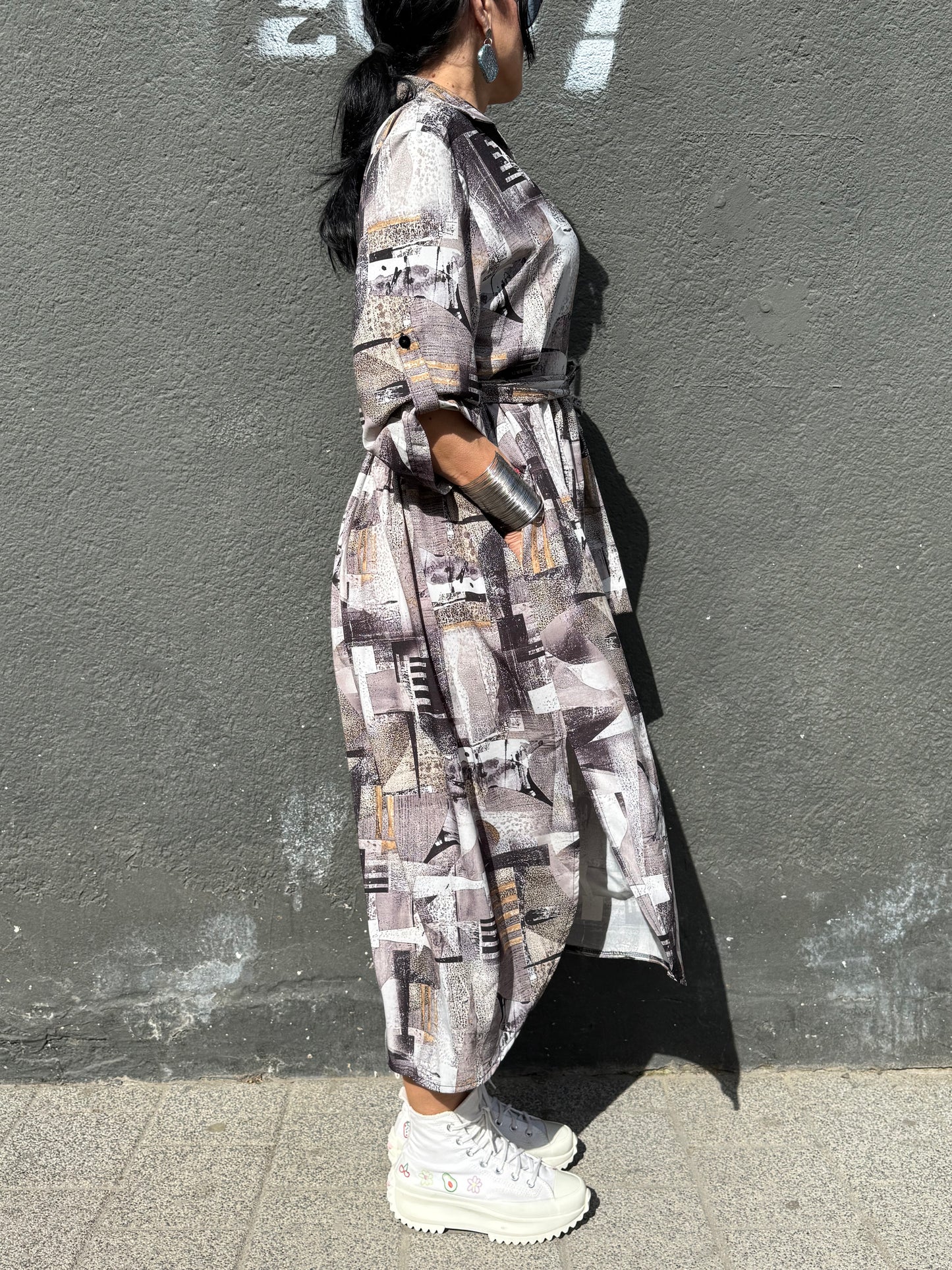 Rochie Cămașă Abstract Geometric cu Lungime Asimetrică (S-XL)