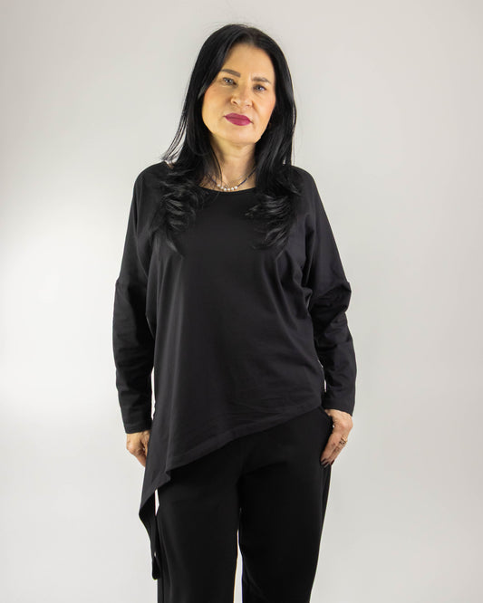 Bluză Neagră cu Nod Asimetric și Textură Duală (S-XL)