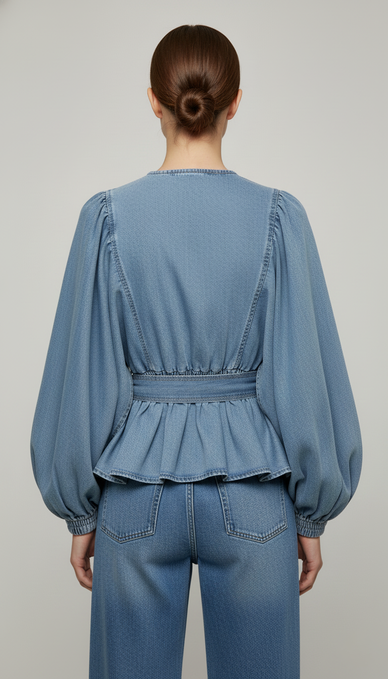 Bluză de Blugi cu Mâneci Balon și Peplum | Talie Unică | Qarma Selection