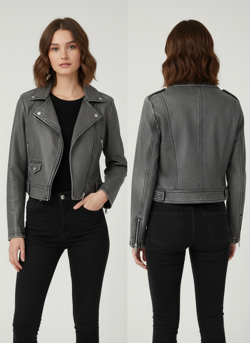 Geacă Biker Cropped Gri cu Aspect Prespălat | Qarma Selection