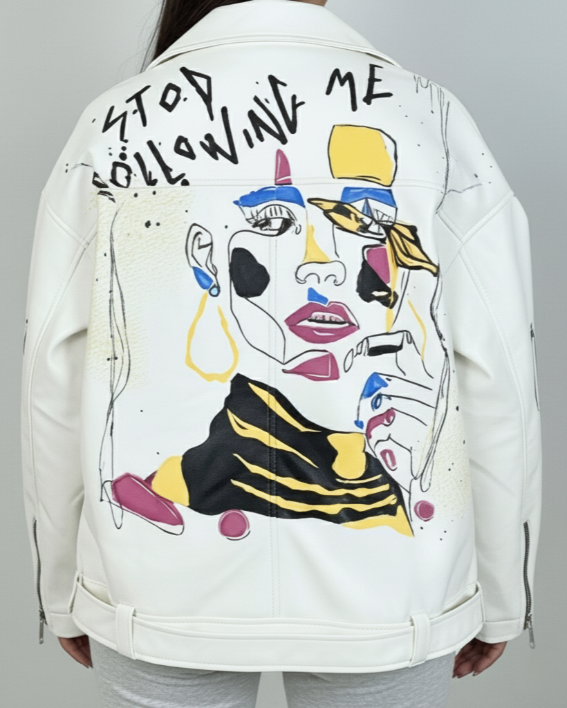 Geacă albă Biker Oversized cu Print Artistic | Qarma Selection