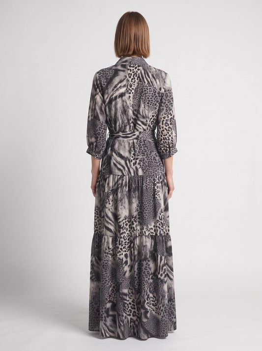 Rochie-Cămașă Arhitecturală cu Volane și Imprimeu Animal Print Alb-Gri (S-XL)