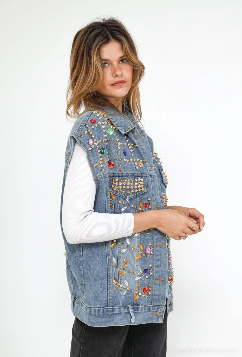 Vesta din denim cu aplicatii colorate si tinte aurii - simpla