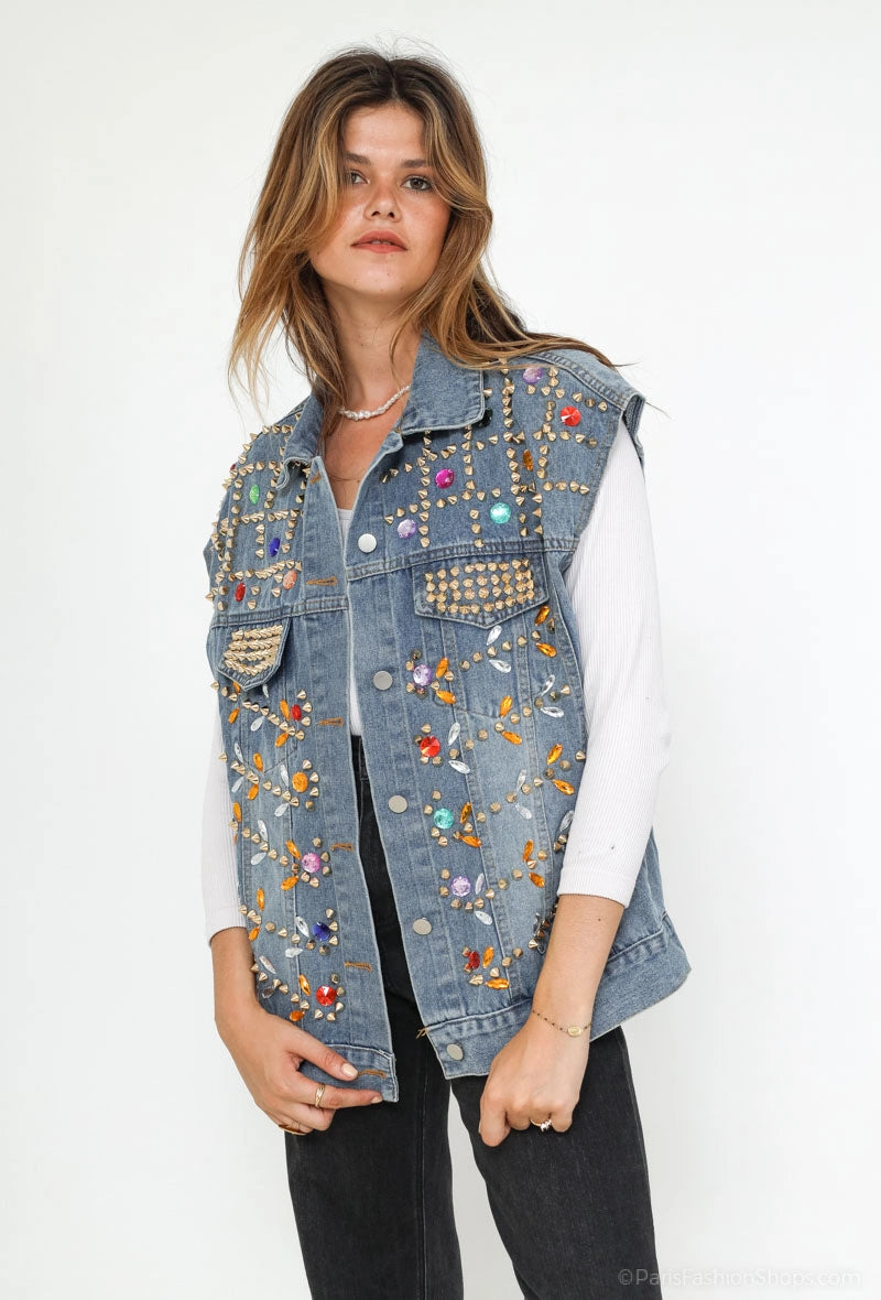 Vesta din denim cu aplicatii colorate si tinte aurii - simpla