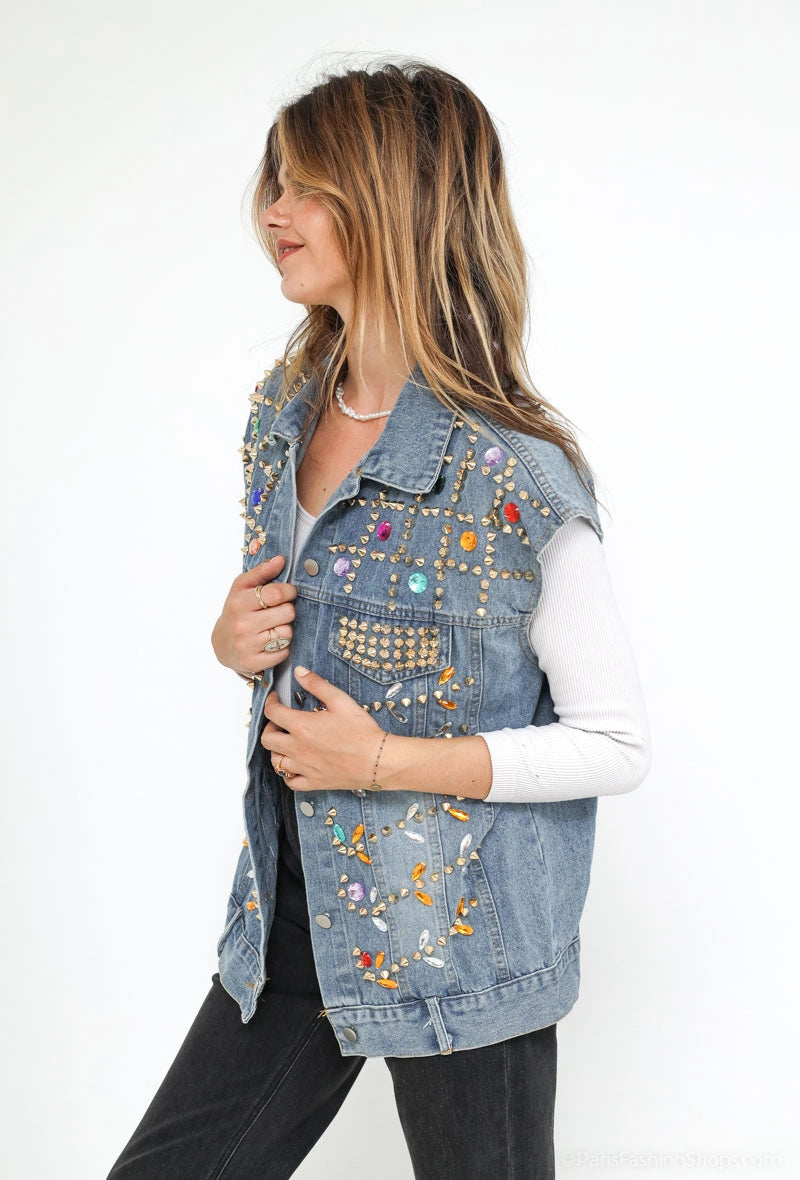 Vesta din denim cu aplicatii colorate si tinte aurii - simpla