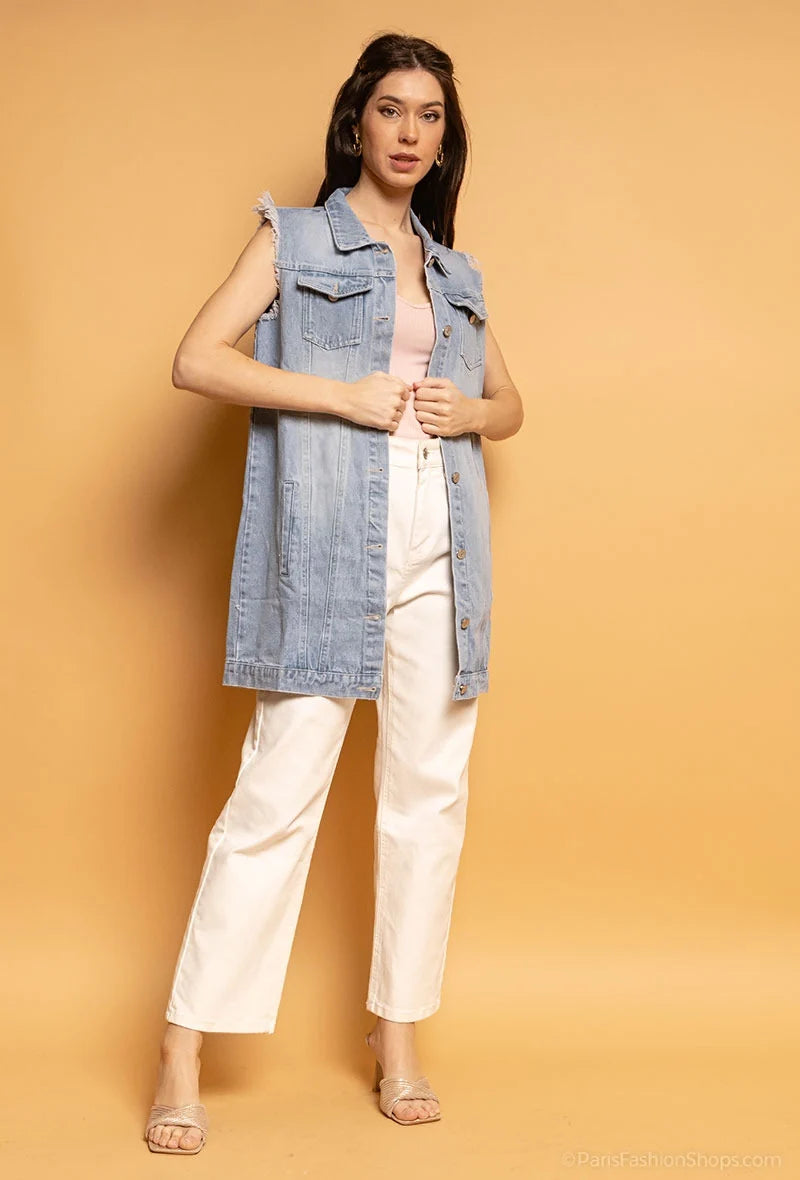 Vesta denim albastra lunga - simpla / accesorizata manual