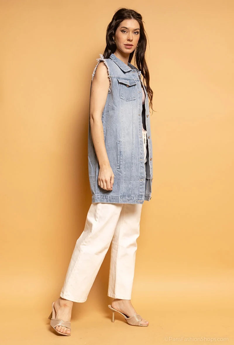 Vesta denim albastra lunga - simpla / accesorizata manual