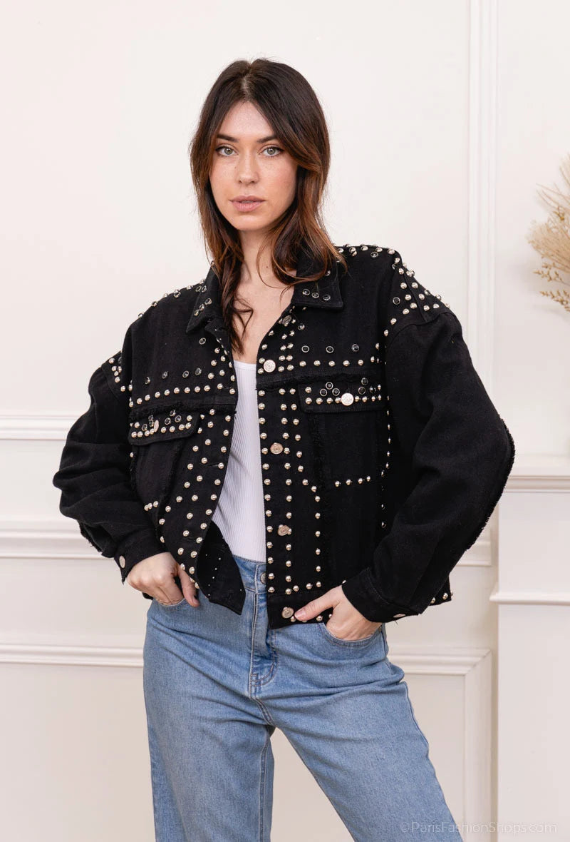 Jacheta neagra din denim cu capse metalice