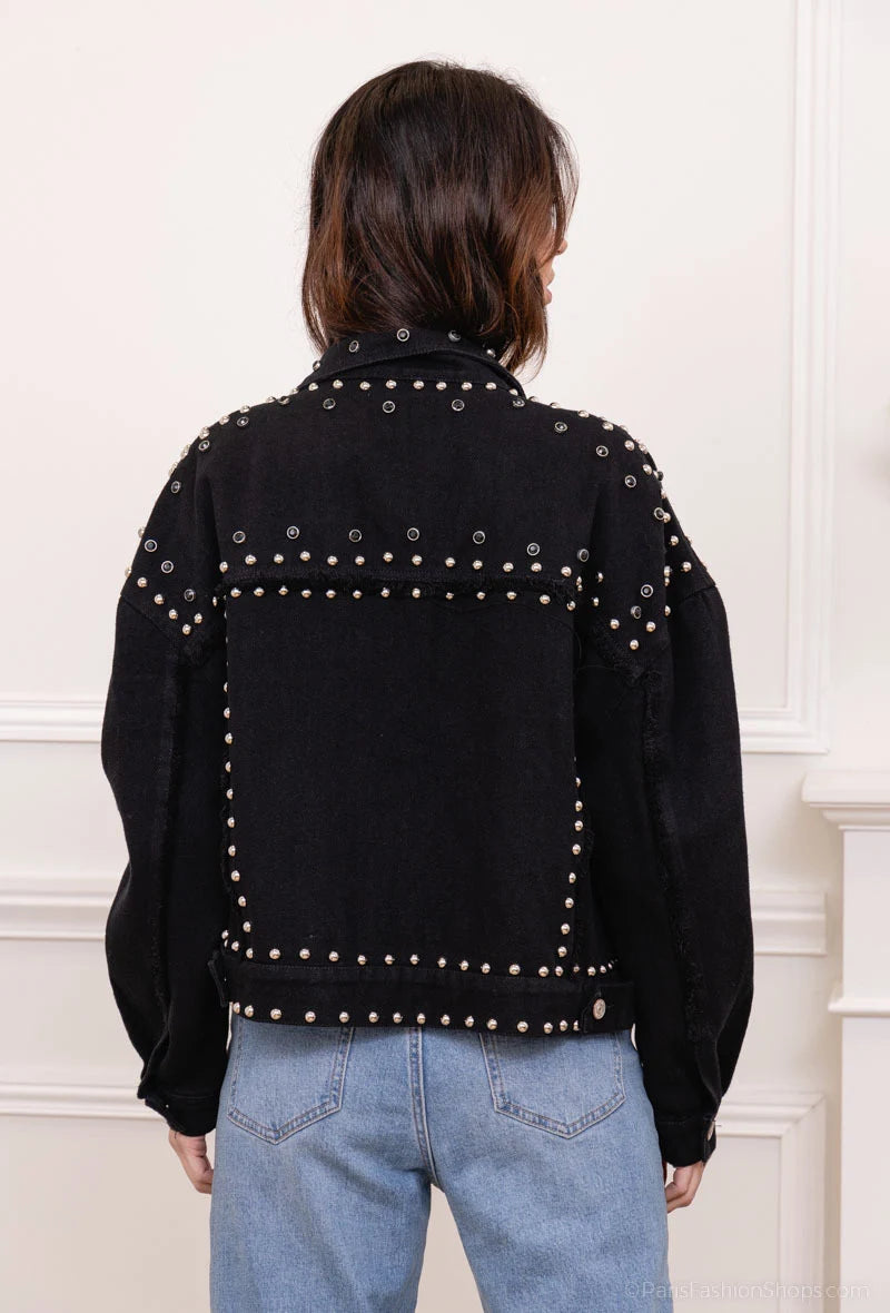 Jacheta neagra din denim cu capse metalice