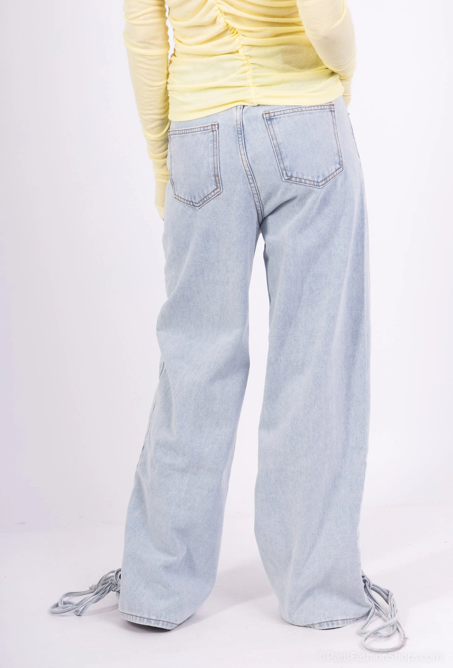 Blugi jeans albastri wide leg cu snur lateral