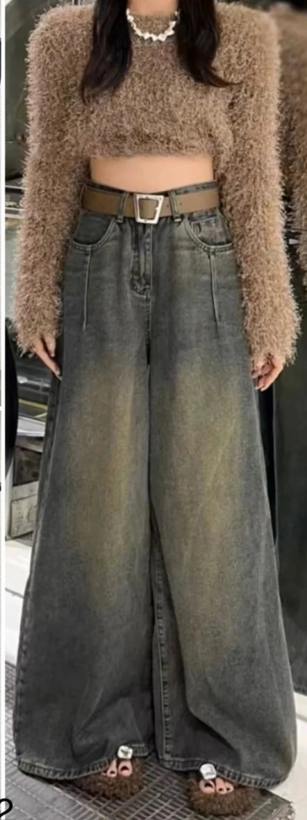 Blugi jeans gri cu picior wide si efect vintage