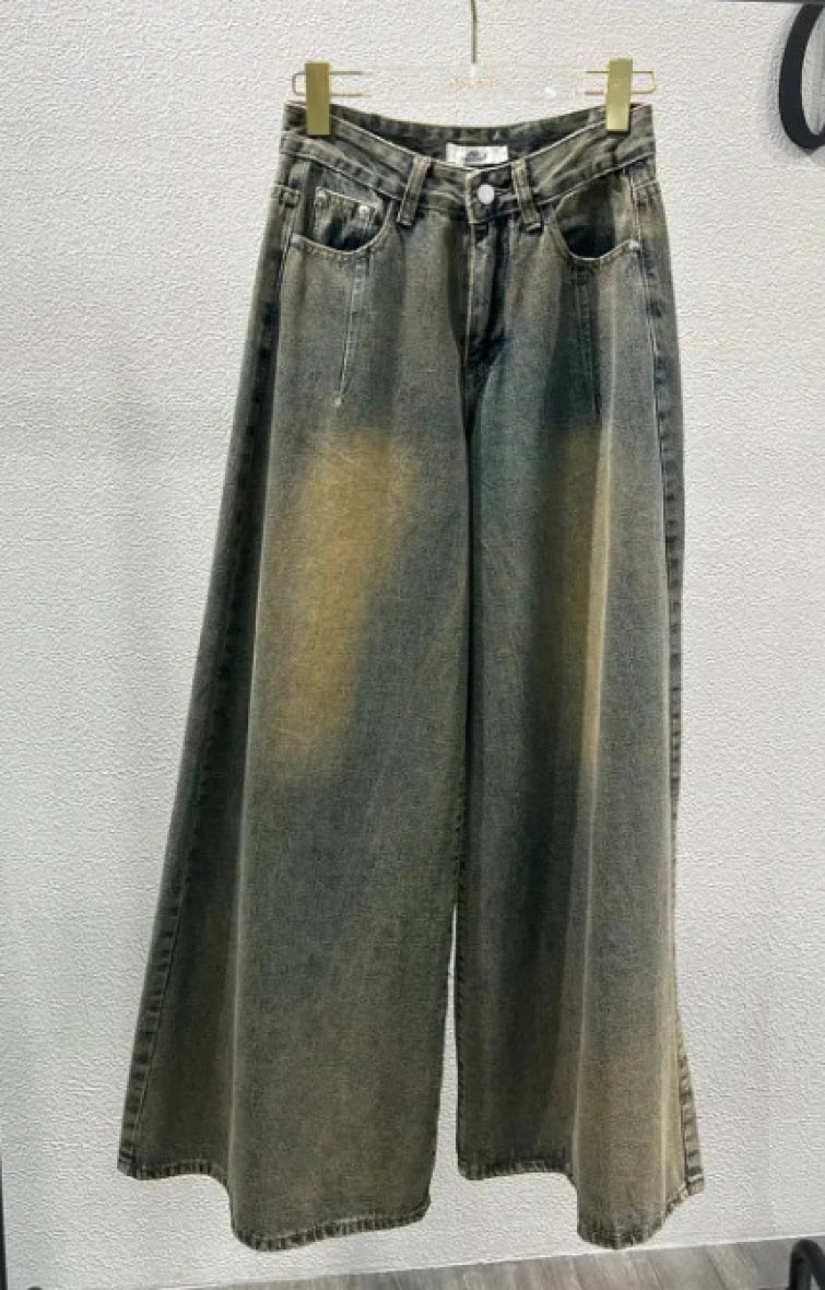 Blugi jeans gri cu picior wide si efect vintage