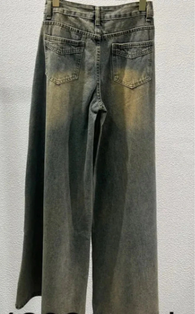 Blugi jeans gri cu picior wide si efect vintage