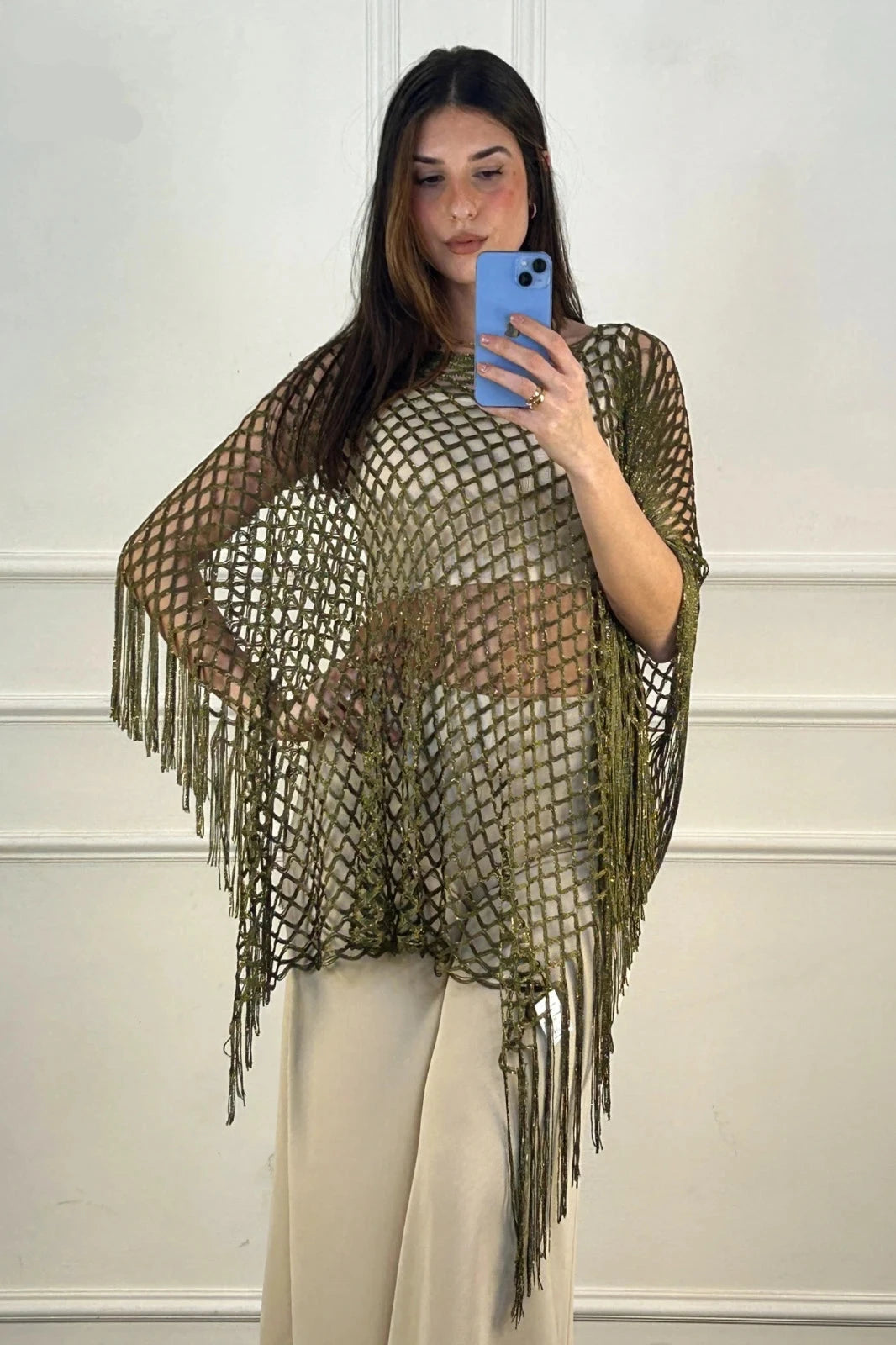 Poncho tip plasa cu efect lucios - kaki