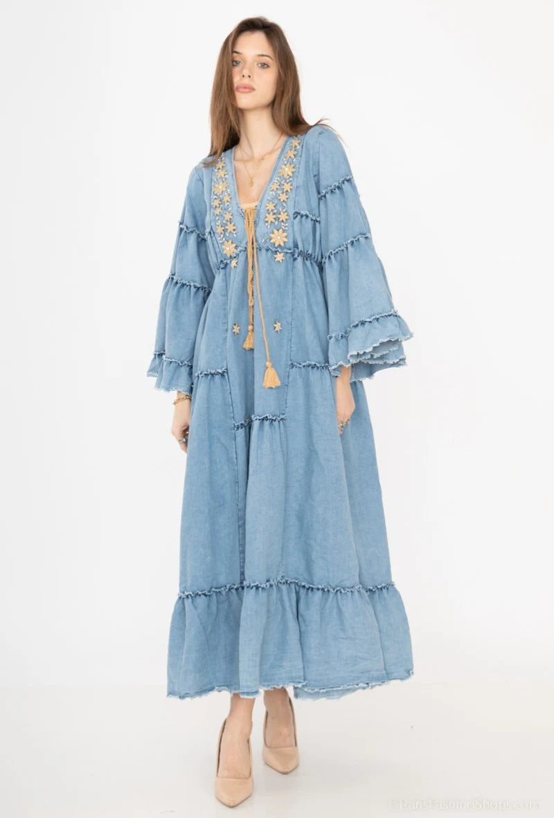 Rochie boho chic lunga cu broderie si snur decorativ