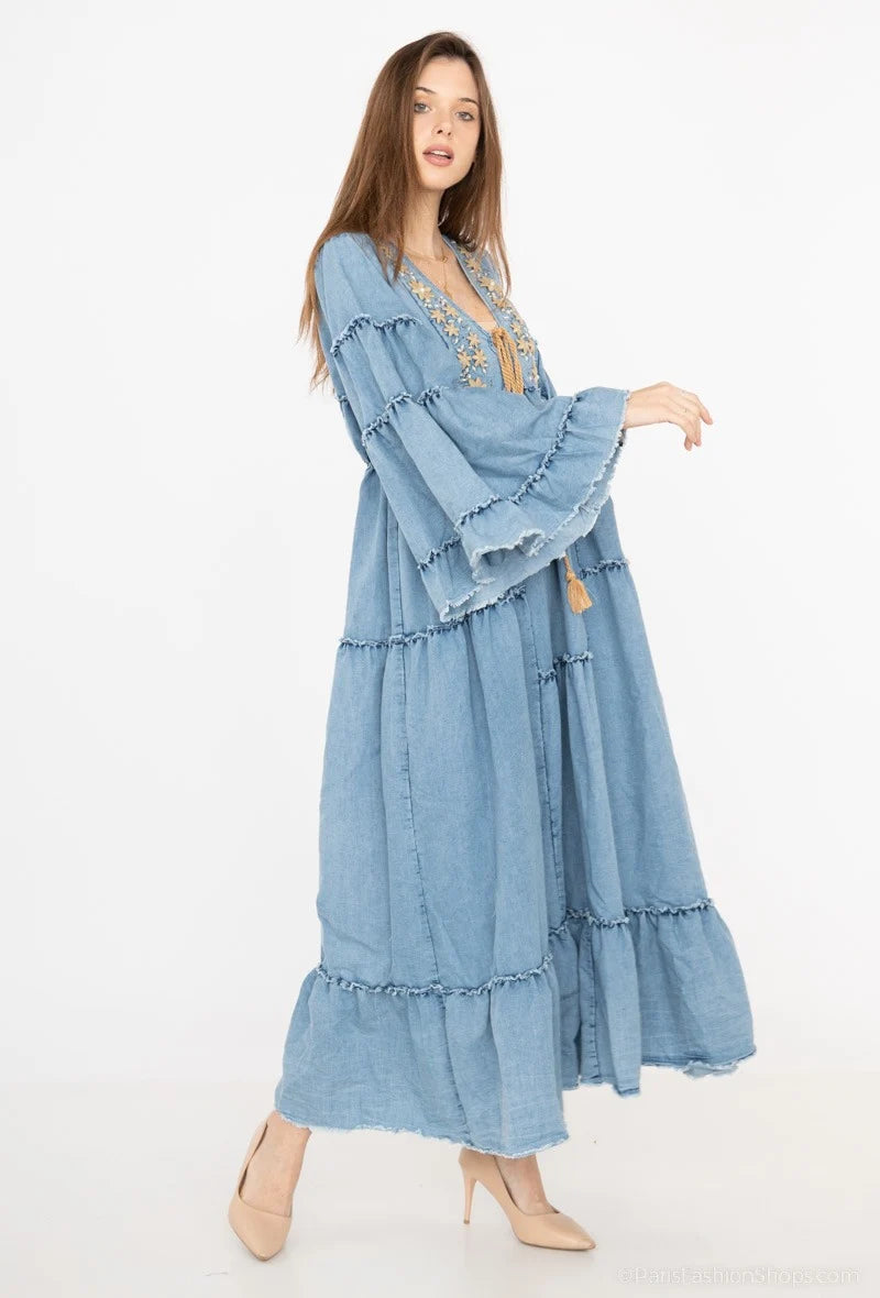 Rochie boho chic lunga cu broderie si snur decorativ