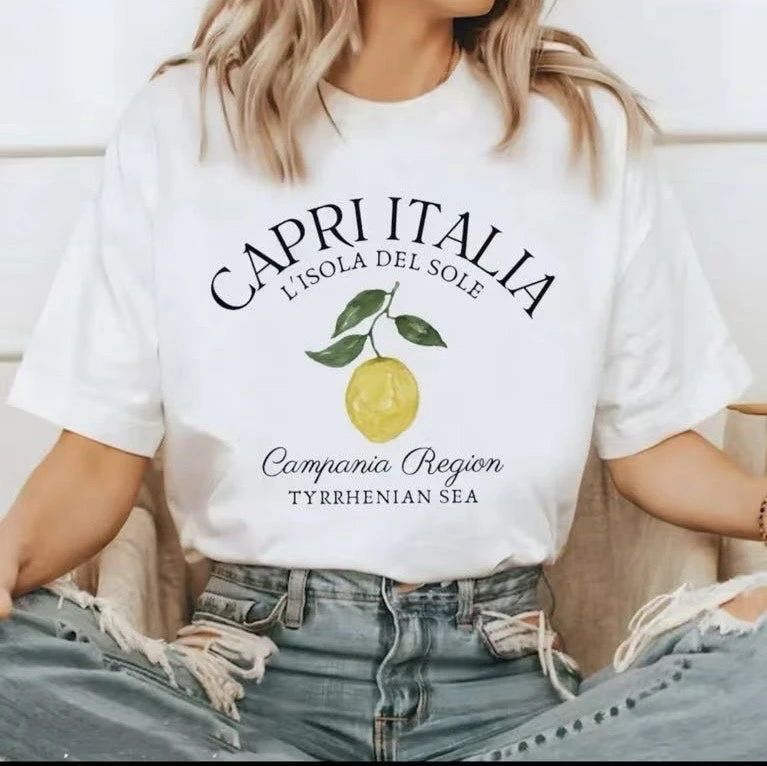 Tricou alb oversized din bumbac cu imprimeu - Capri Italia