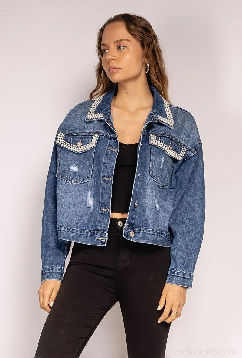 Jacheta denim albastra scurta cu perle aplicate - simpla / accesorizata manual