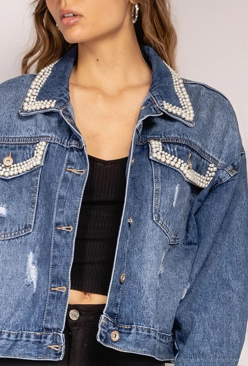 Jacheta denim albastra scurta cu perle aplicate - simpla / accesorizata manual