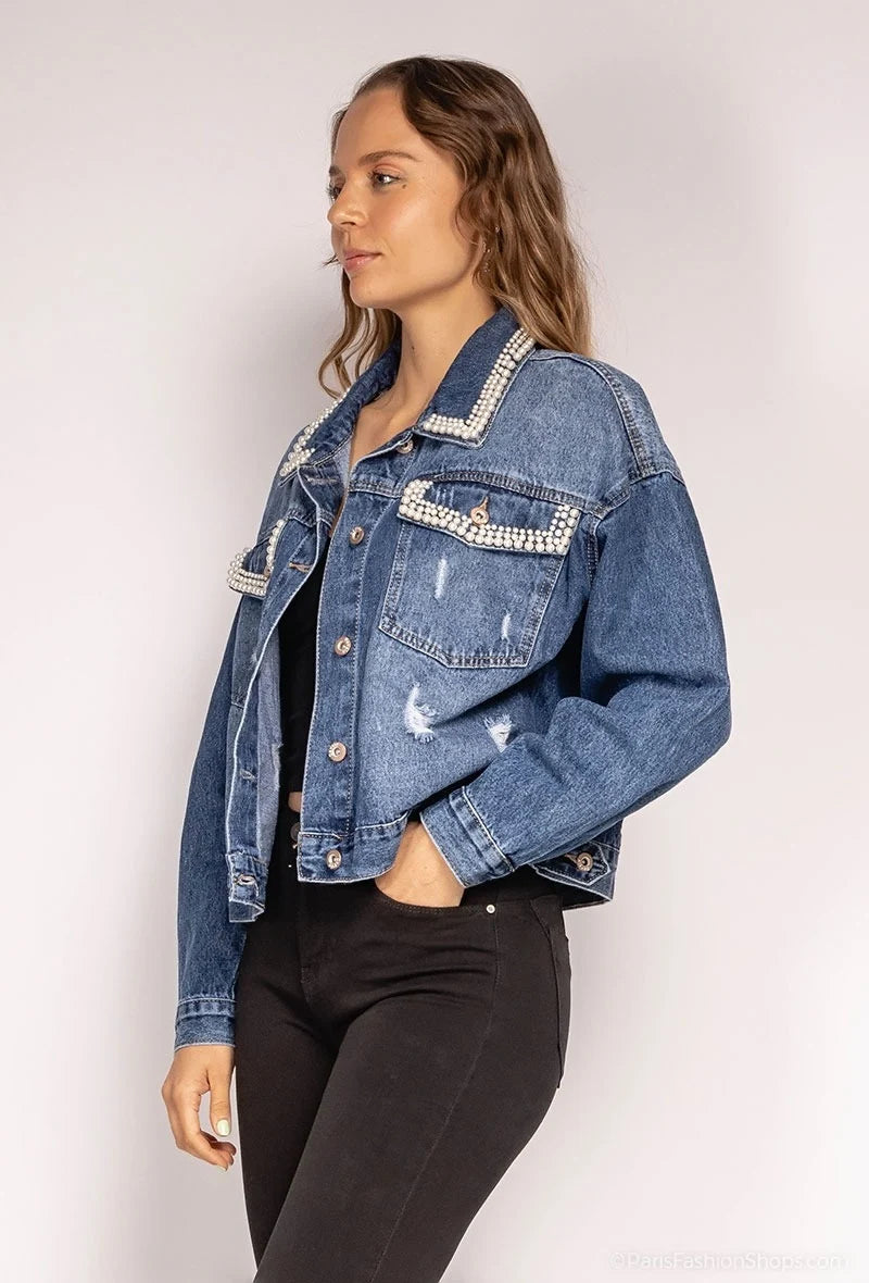 Jacheta denim albastra scurta cu perle aplicate - simpla / accesorizata manual