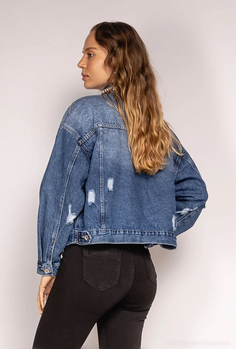 Jacheta denim albastra scurta cu perle aplicate - simpla / accesorizata manual