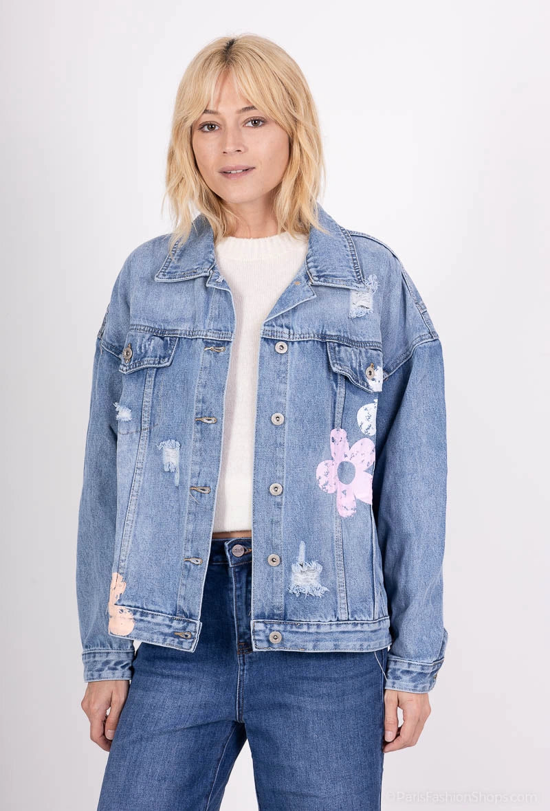 Jacheta denim albastra scurta cu flori pictate - simpla / accesorizata manual