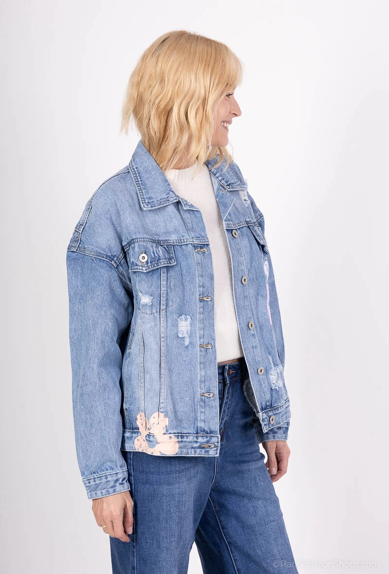 Jacheta denim albastra scurta cu flori pictate - simpla / accesorizata manual