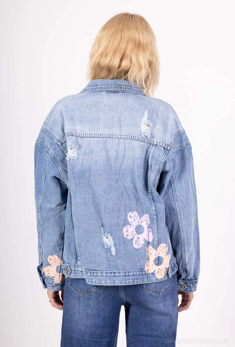 Jacheta denim albastra scurta cu flori pictate - simpla / accesorizata manual