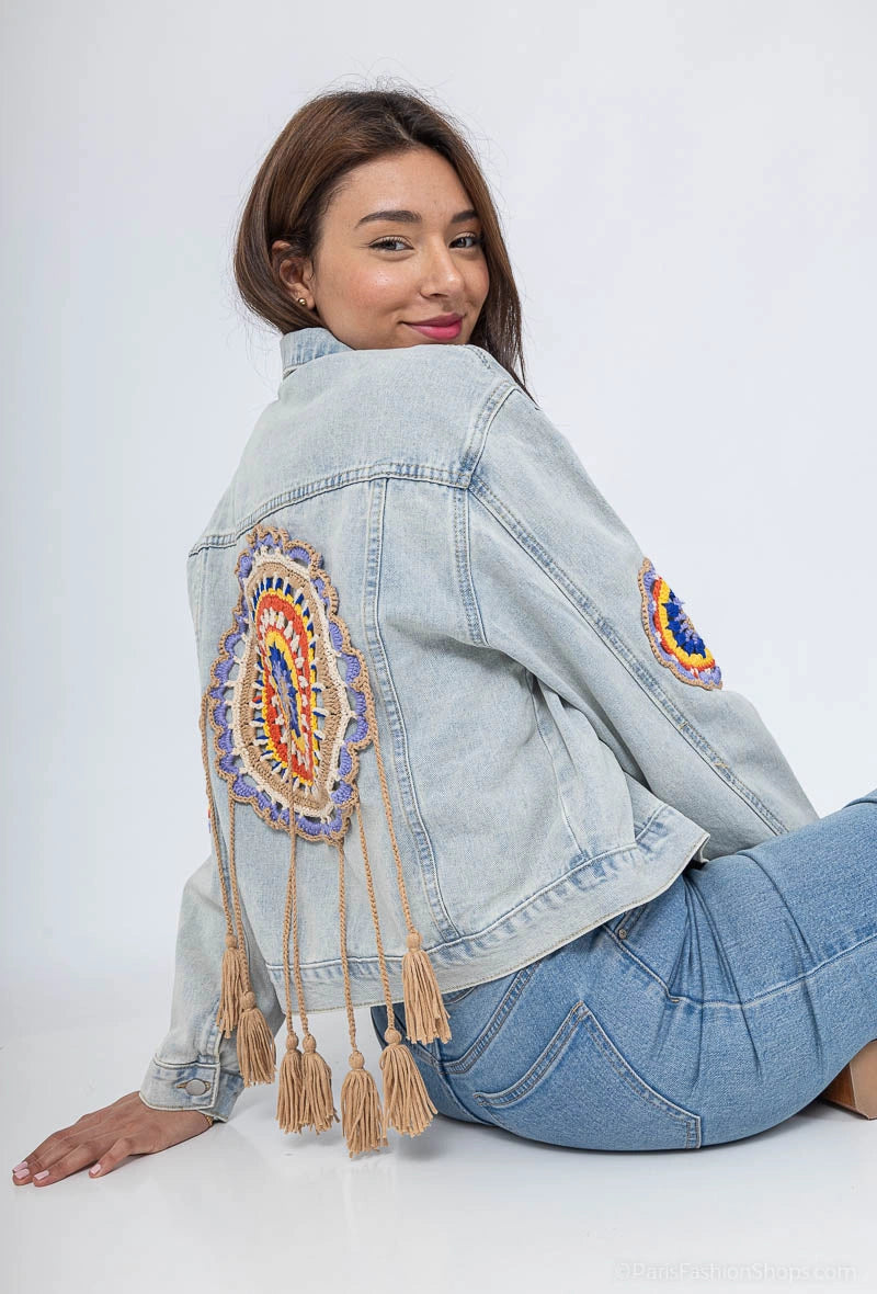 Jacheta denim cu broderie boho