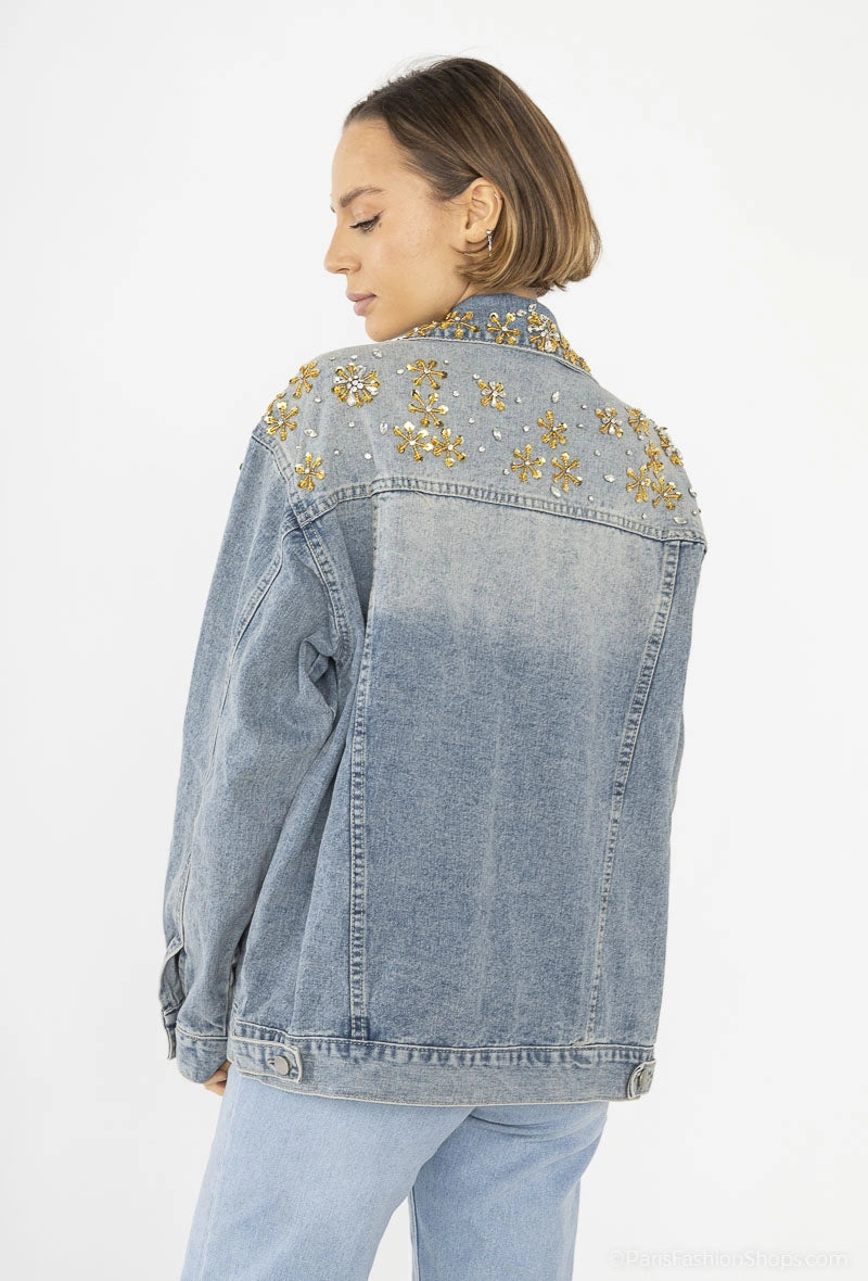 Jacheta denim cu aplicatii florale aurii