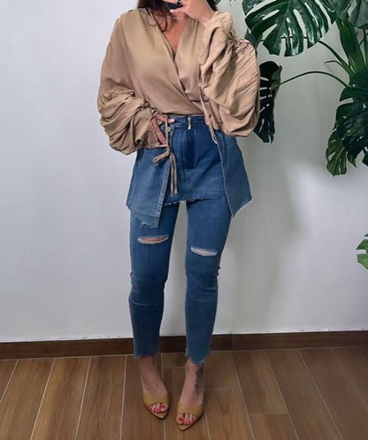 Pantaloni Denim cu Fustă 2-în-1 Distressed