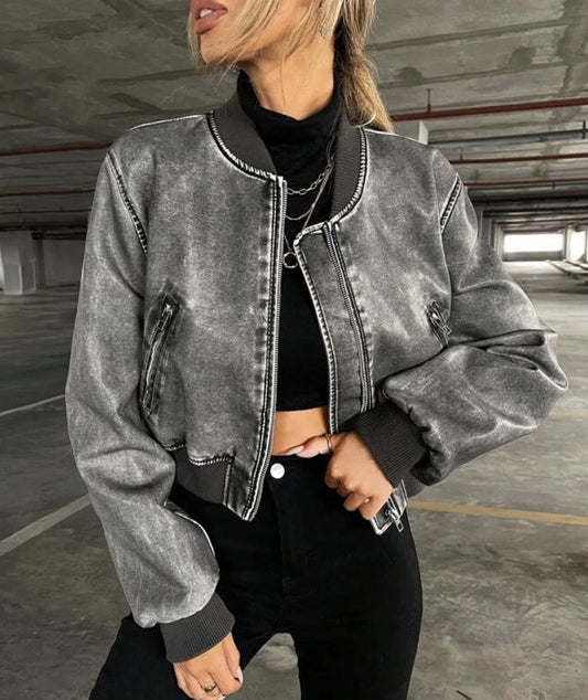 Geacă Bomber Gri cu Aspect Prespălat | Qarma Selection