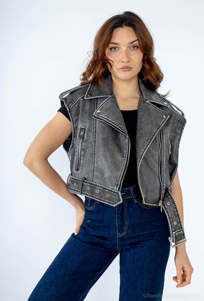 Vestă Biker Scurtă cu Aspect Washed (S-L)