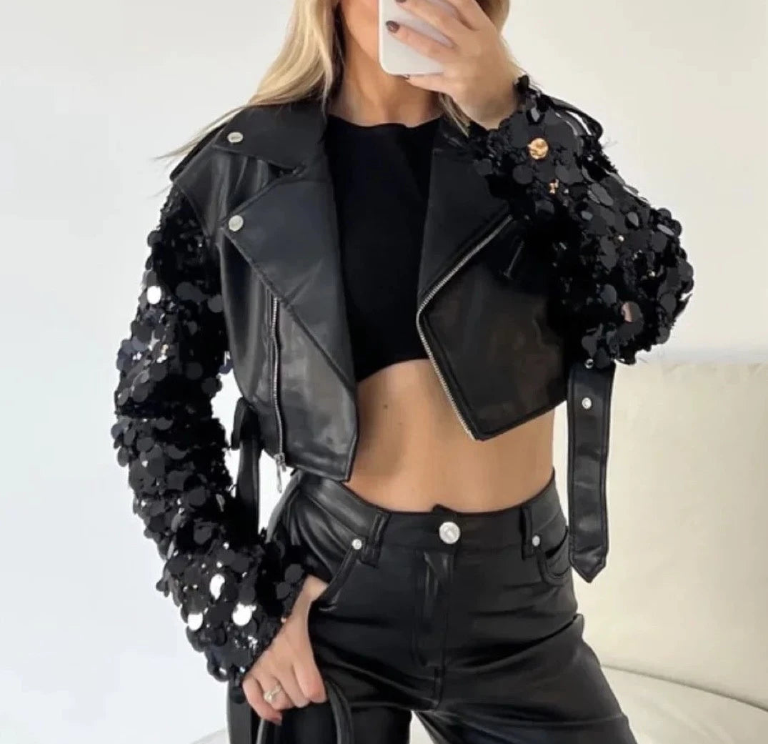 Geacă Biker din Piele Ecologică cu Mâneci din Paiete | Qarma Selection