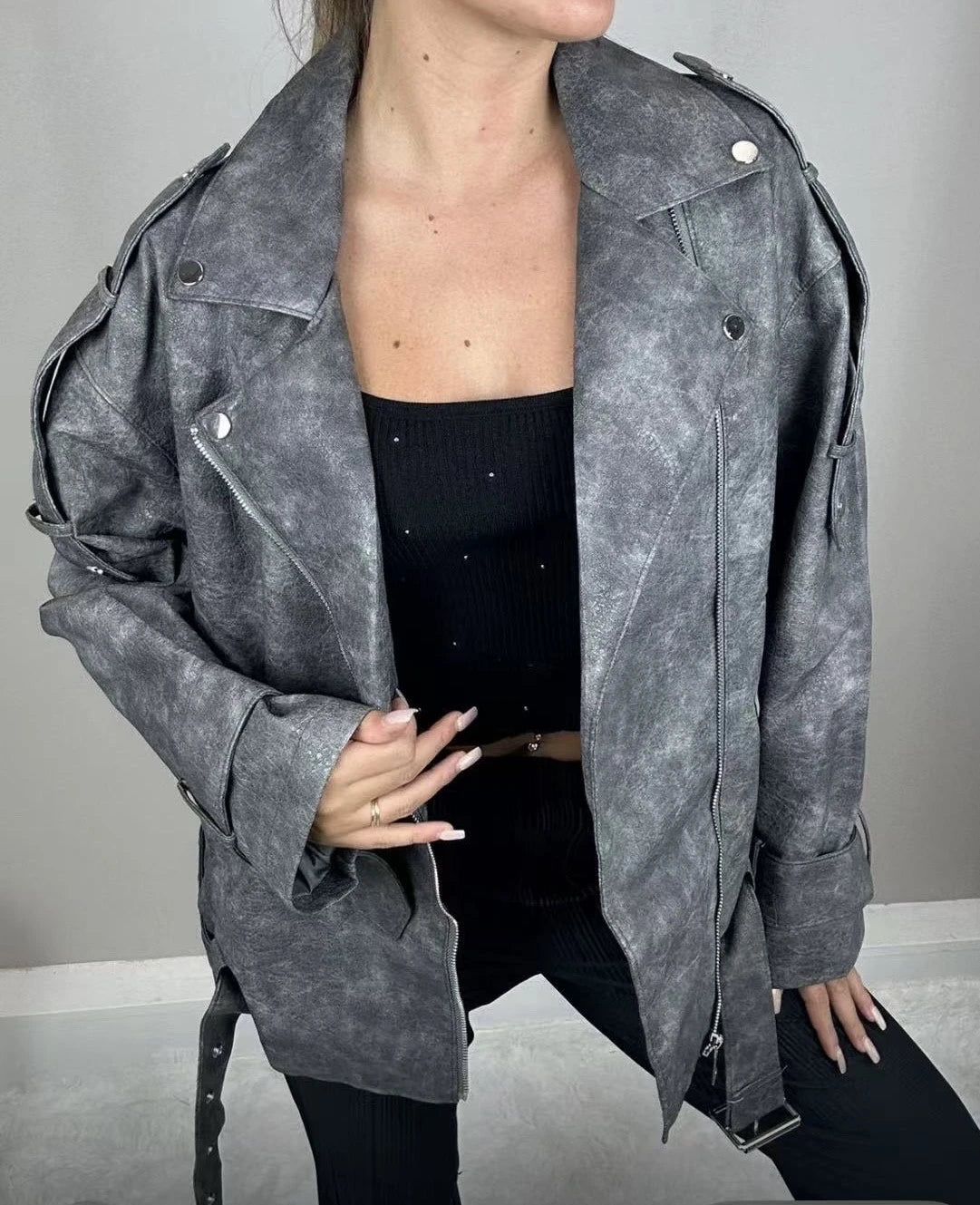 Geacă Biker Oversized Gri | Talie Unică | Qarma Selection