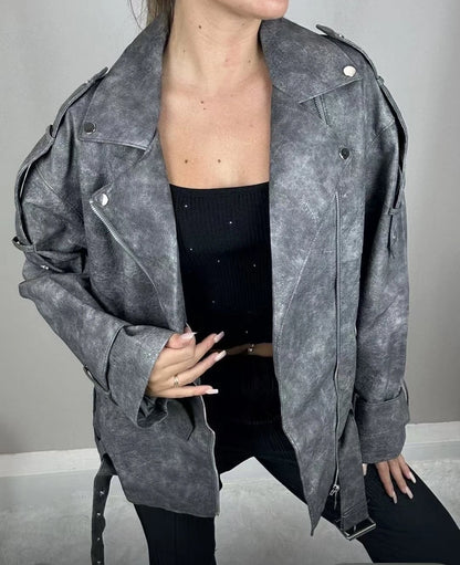 Jachetă Biker Oversized cu Aspect Washed