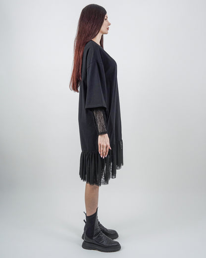 Rochie Neagră cu Mâneci Dantelă (S-XL)