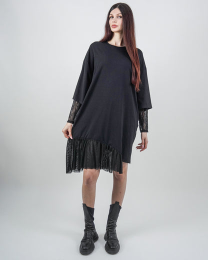 Rochie Neagră cu Mâneci Dantelă (S-XL)