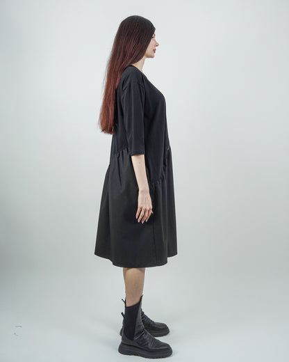 Rochie Neagră cu Fermoar și Mânecă Trei Sferturi (S-XL)