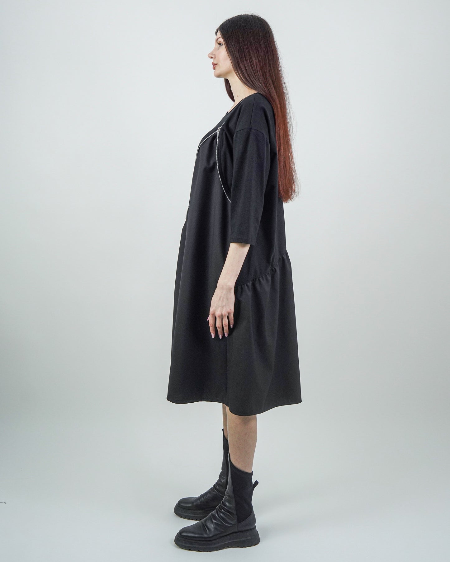 Rochie Neagră cu Fermoar și Mânecă Trei Sferturi (S-XL)