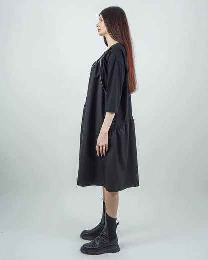 Rochie Neagră cu Fermoar și Mânecă Trei Sferturi (S-XL)