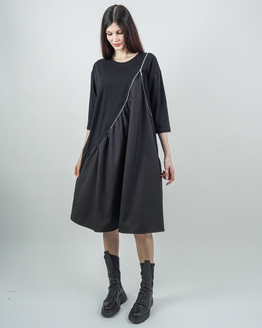 Rochie Neagră cu Fermoar și Mânecă Trei Sferturi (S-XL)