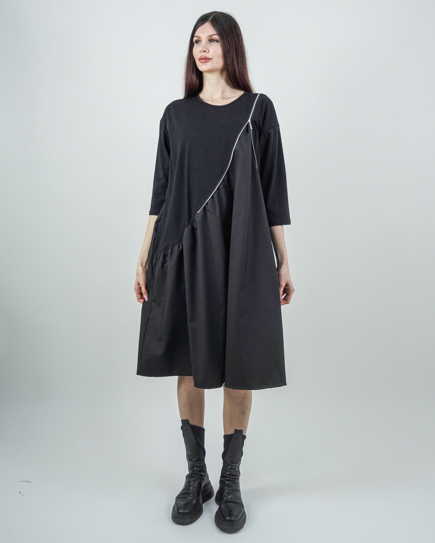 Rochie Neagră cu Fermoar și Mânecă Trei Sferturi (S-XL)