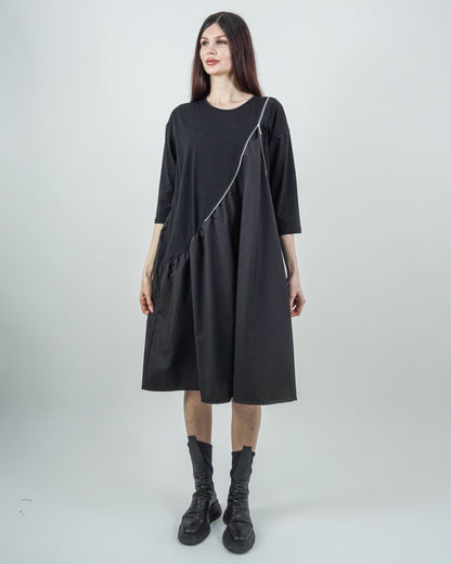 Rochie Neagră cu Fermoar și Mânecă Trei Sferturi (S-XL)