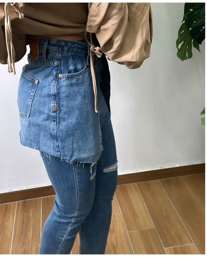 Pantaloni Denim cu Fustă 2-în-1 Distressed