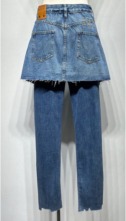 Pantaloni Denim cu Fustă 2-în-1 Distressed