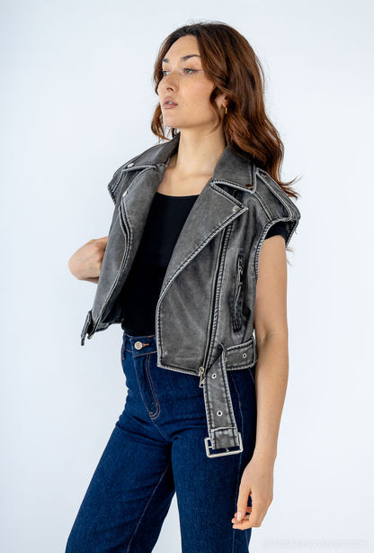 Vestă Biker Scurtă cu Aspect Washed (S-L)